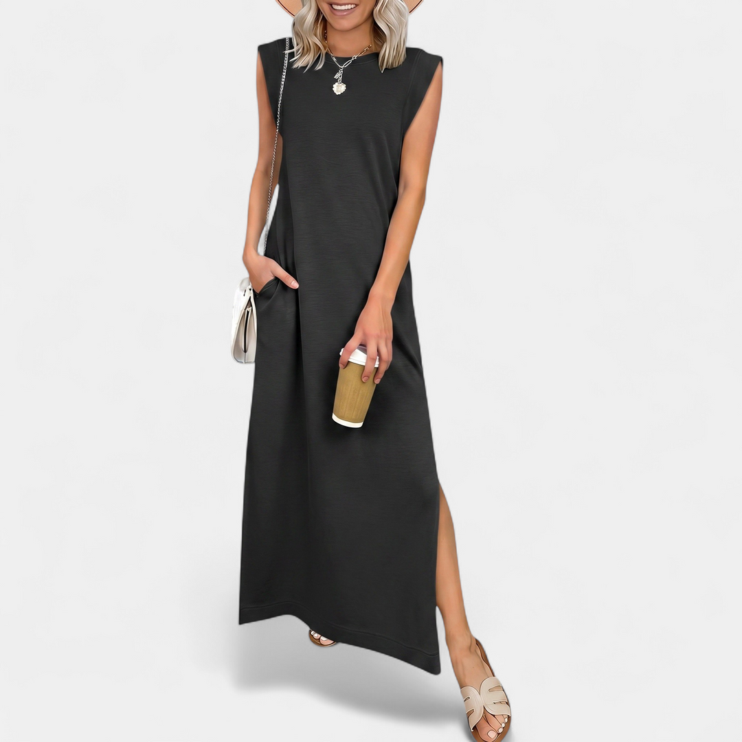 Women's Sleeveless Slit Maxi Dress, Crew Neck Side Pocket
