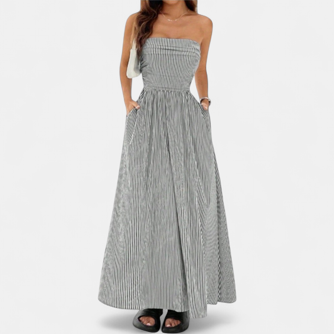 Women's Strapless Ruched Maxi Dress, Pinstripe Side Pocket A Line