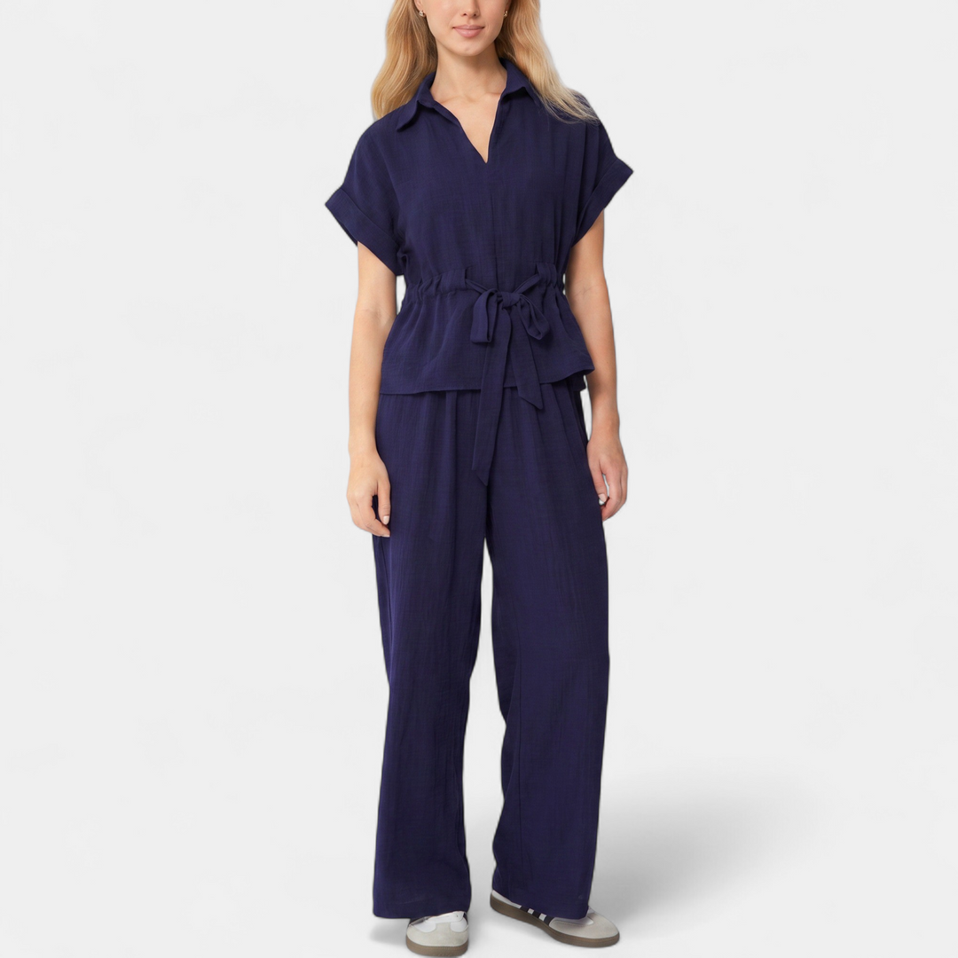 Women's Coord Set, V Neck Relaxed Wide Leg Collared