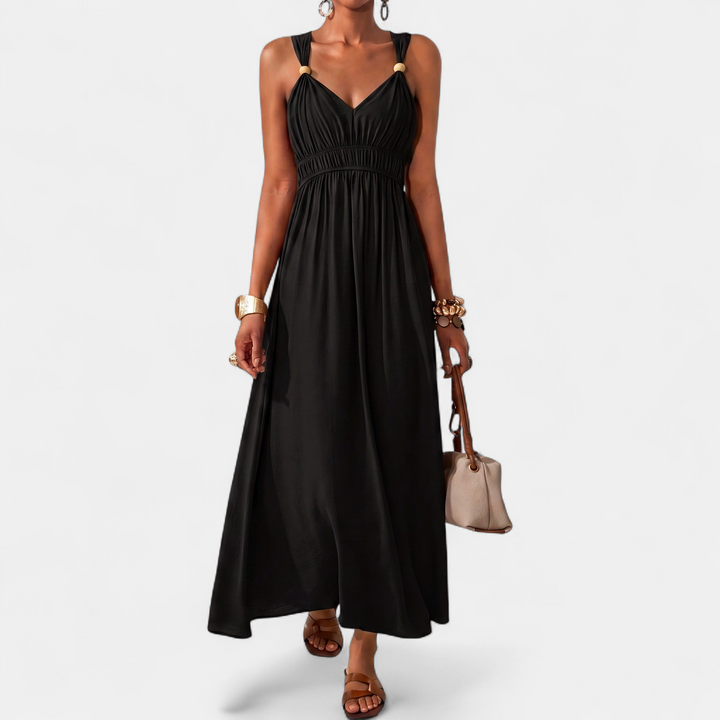 Women's Bead V Neck Maxi Dress, Sleeveless Ruched Wide Strap