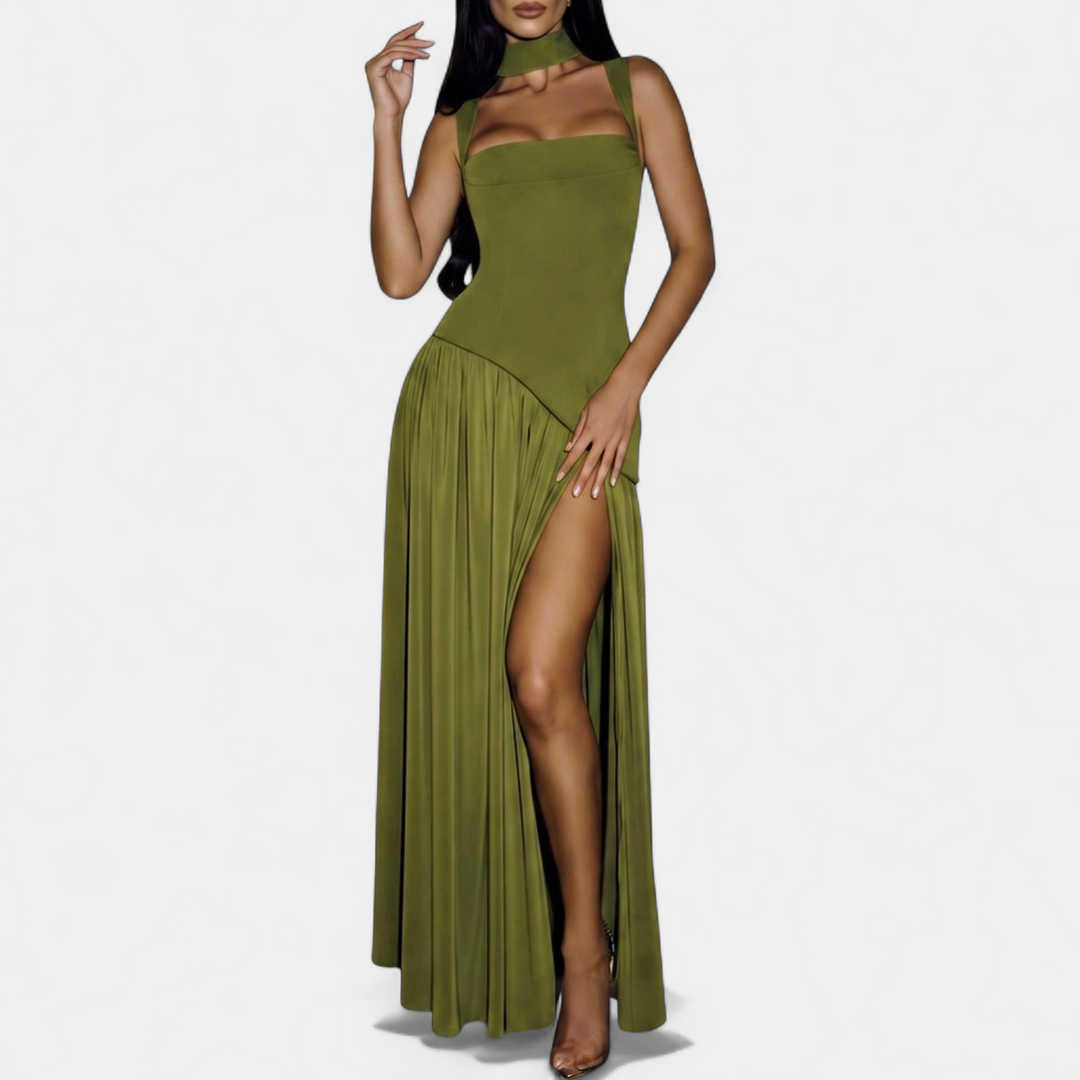 Women's Strapless Corset Maxi Dress, Pleated Back Zip