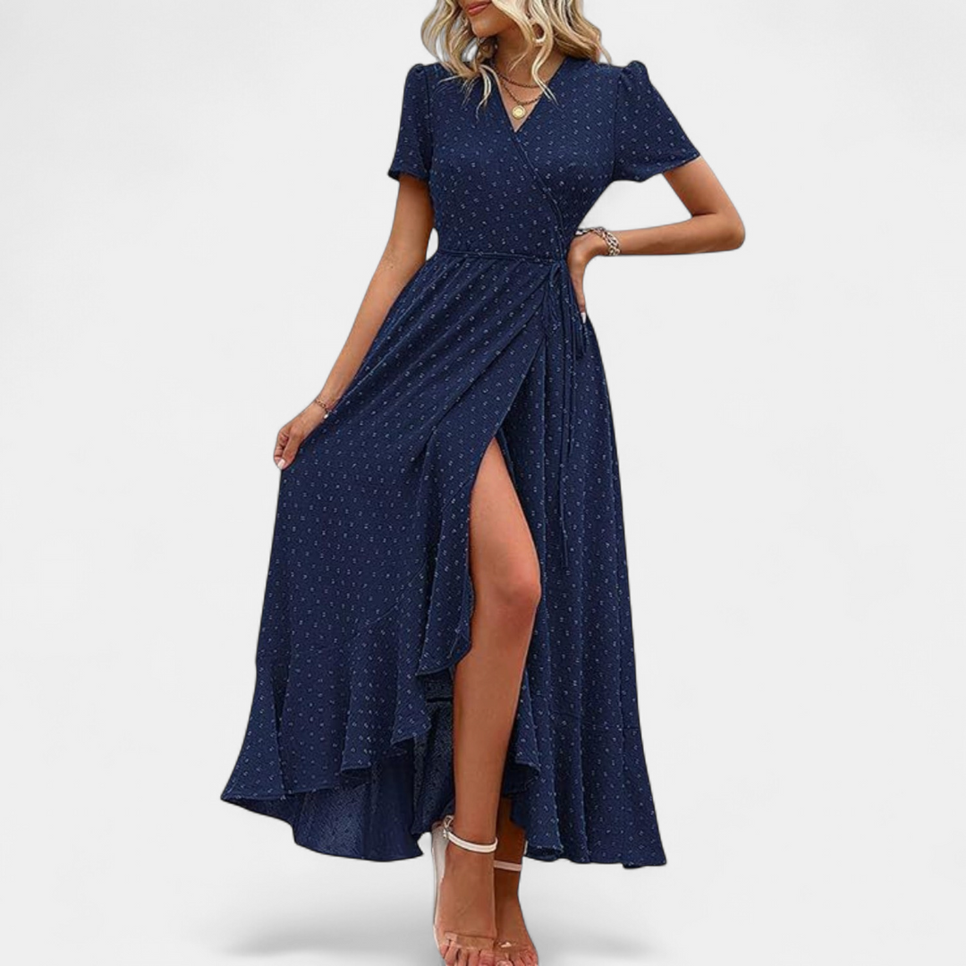 Women's Boho Wrap Maxi Dress, V Neck Slit Relaxed Pleated Hem