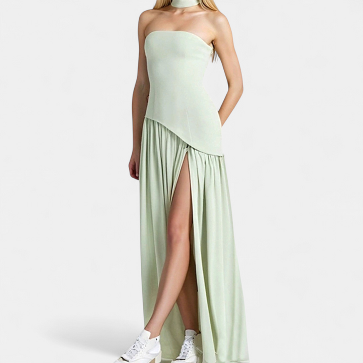 Women's Strapless Corset Maxi Dress, Pleated Back Zip