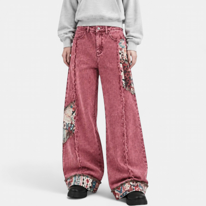 Women's Wide Leg High Waist Baggy Jeans, Denim Patchwork