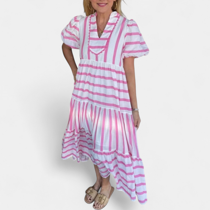 Women's Tiered V Neck Midi Dress, Puff Sleeve Stripe