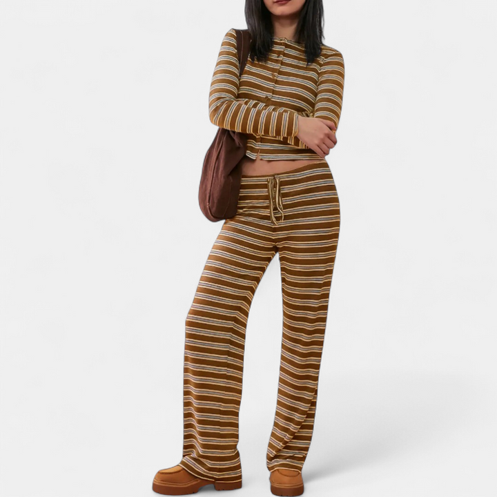 Women's Lounge Set, Stripe Wide Leg Stretchy High Neck