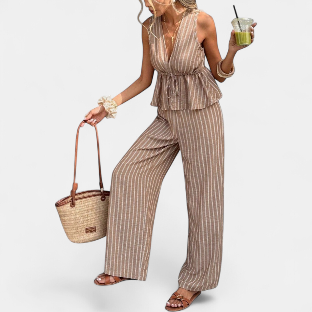 Women's Wide Leg Striped Co Ord Set, Peplum V Neck