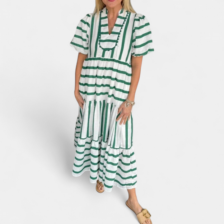 Women's Tiered V Neck Midi Dress, Puff Sleeve Stripe
