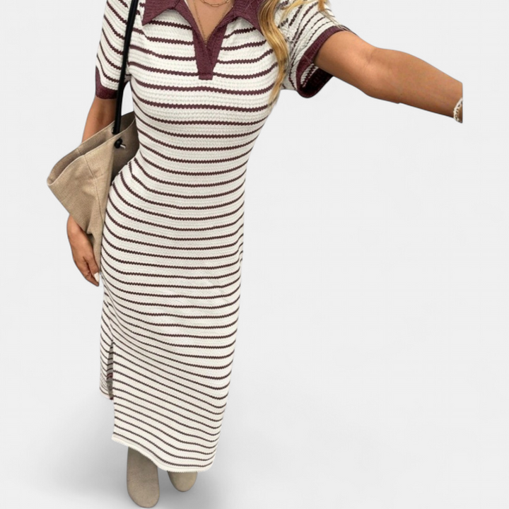 Women's Bodycon Knit Midi Dress, Slit Striped V Neck