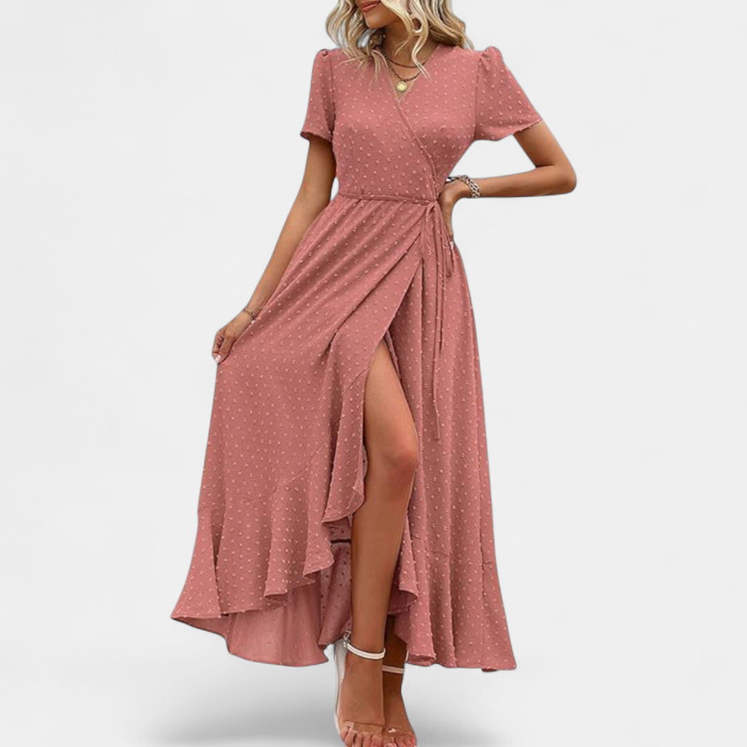 Women's Boho Wrap Maxi Dress, V Neck Slit Relaxed Pleated Hem