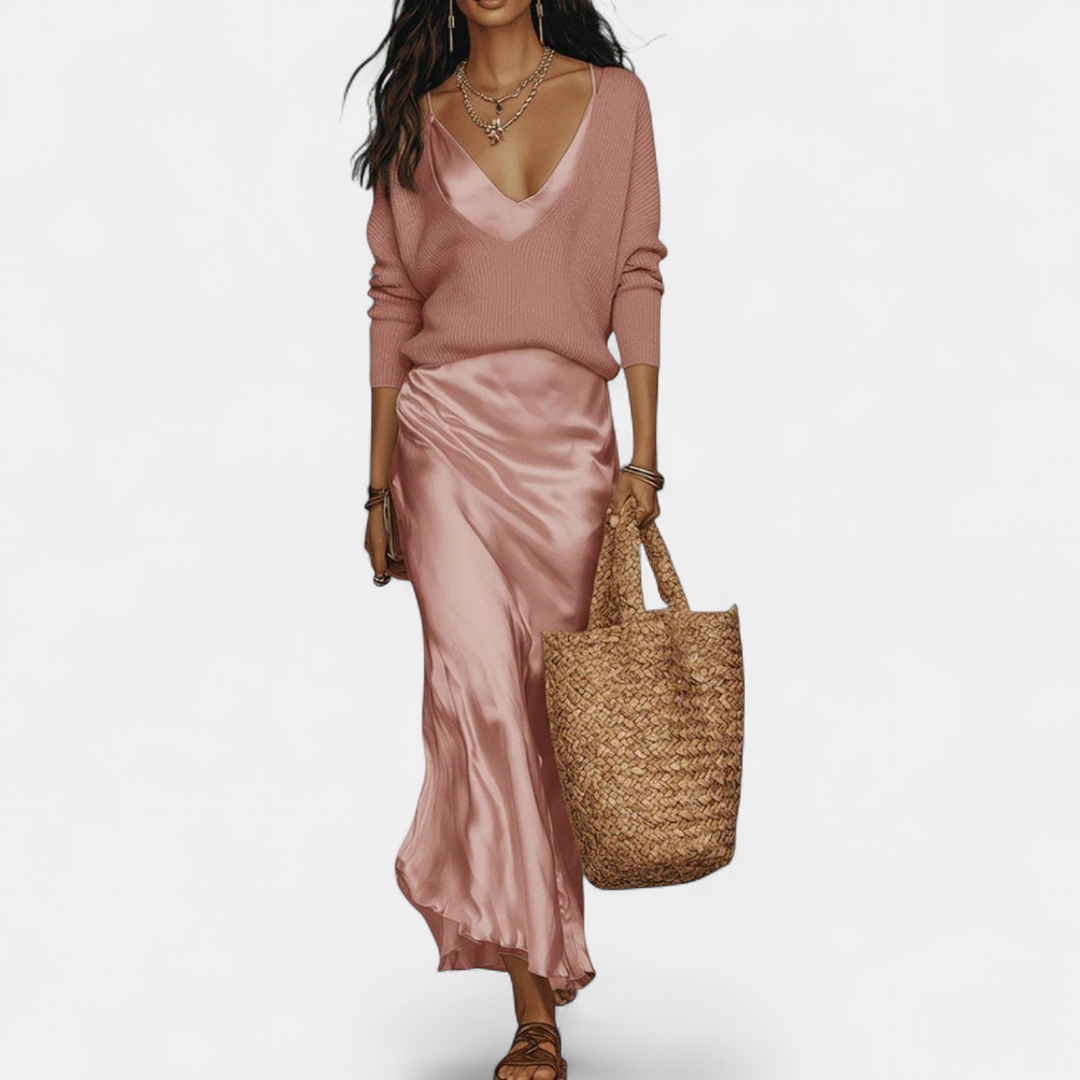 Women's Coord Set, Midi Satin Relaxed Ribbed Knit A Line
