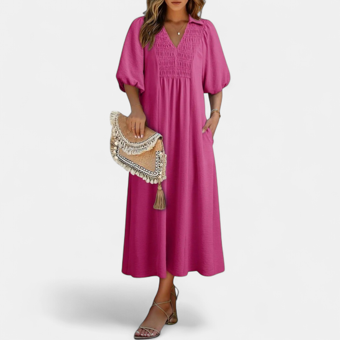 Women's Puff Sleeve V Neck Midi Dress, Collar Side Pocket