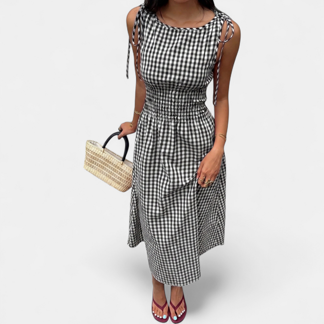 Women's Check Ruffle Midi Dress, Strappy Gingham Slit