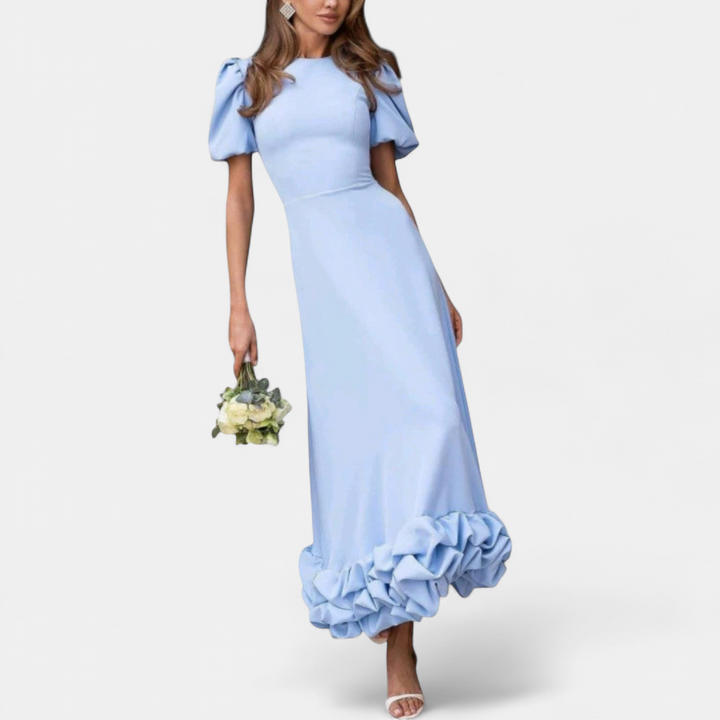 Women's Puff Sleeve Midi Dress, Round Neck Ruffle Hem Hourglass Fit