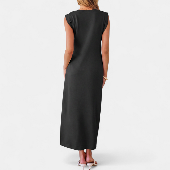 Women's Sleeveless Slit Maxi Dress, Crew Neck Side Pocket