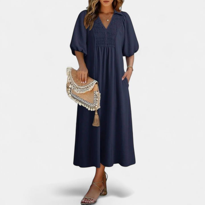 Women's Puff Sleeve V Neck Midi Dress, Collar Side Pocket