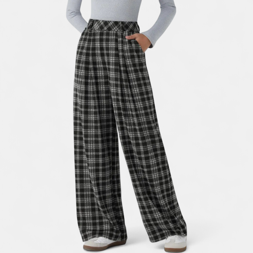 Women's Work Trousers, Belt Loop High Waist Glen Plaid