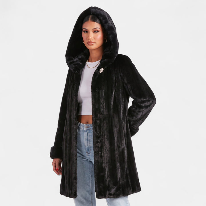 Women's Faux Fur Coat, Midi Hood Single Brooch Cuffed Sleeve