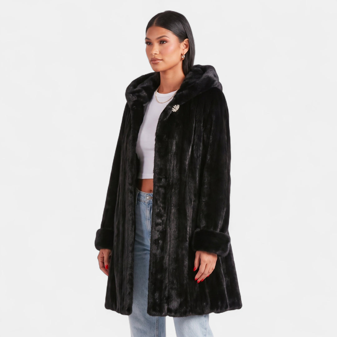 Women's Faux Fur Coat, Midi Hood Single Brooch Cuffed Sleeve