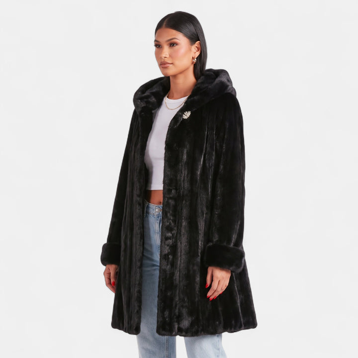 Women's Faux Fur Coat, Midi Hood Single Brooch Cuffed Sleeve