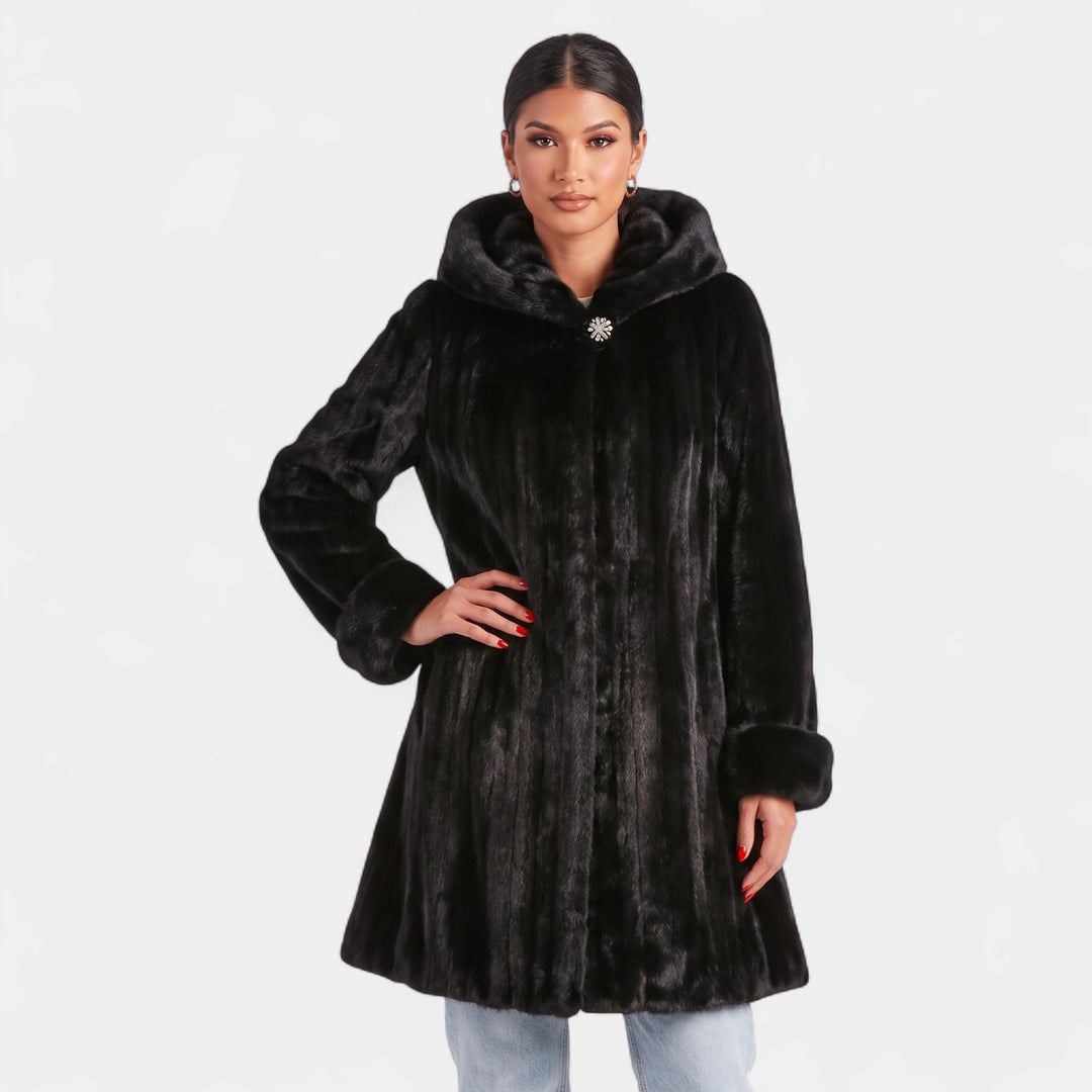 Women's Faux Fur Coat, Midi Hood Single Brooch Cuffed Sleeve