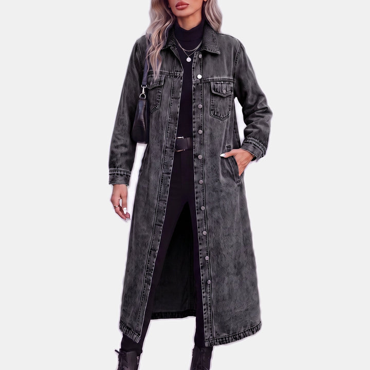 Women's Long Denim Jacket, Button Front Spread Collar