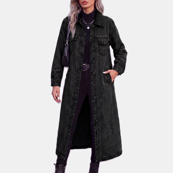 Women's Long Denim Jacket, Button Front Spread Collar