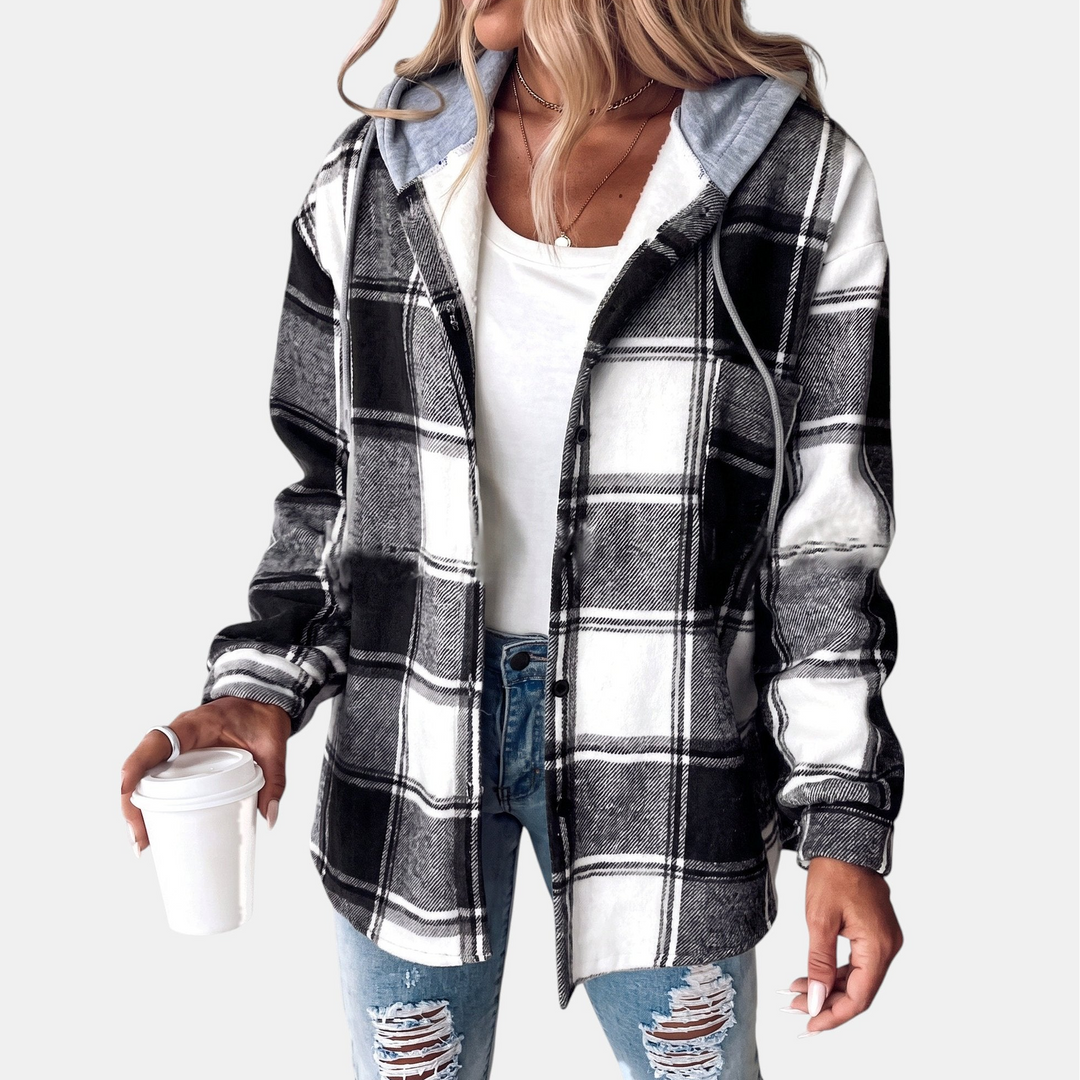 Women's Shacket, Hooded Plaid Sherpa Lined Button Front