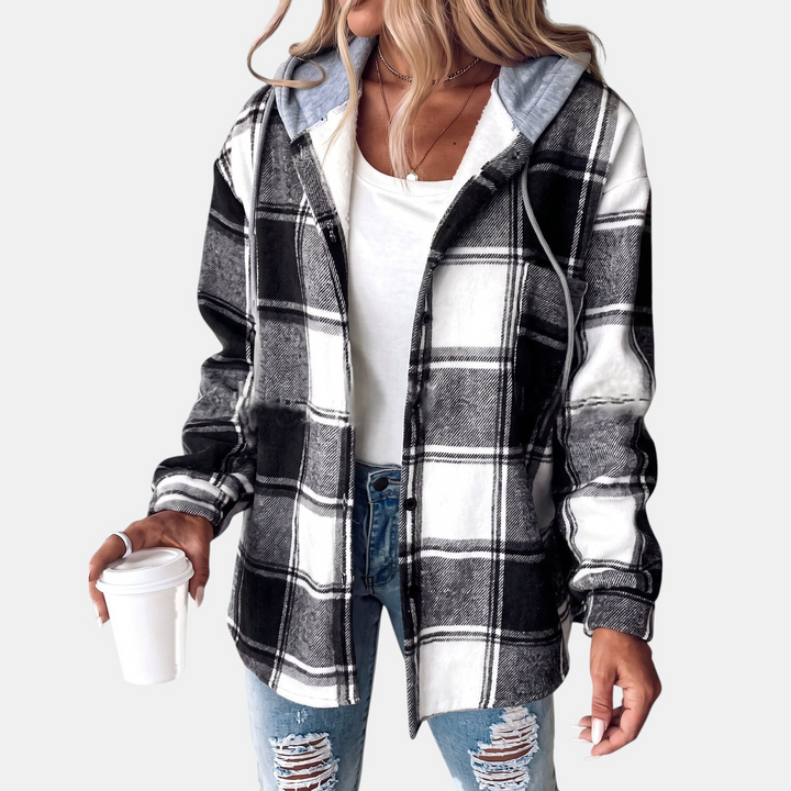Women's Shacket, Hooded Plaid Sherpa Lined Button Front