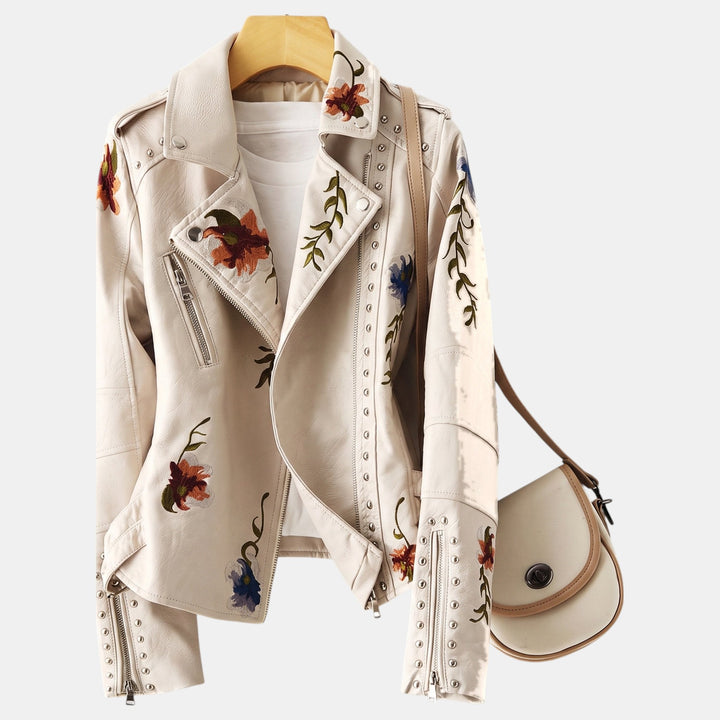 Women's Faux Leather Cropped Jacket, Floral Embroidered