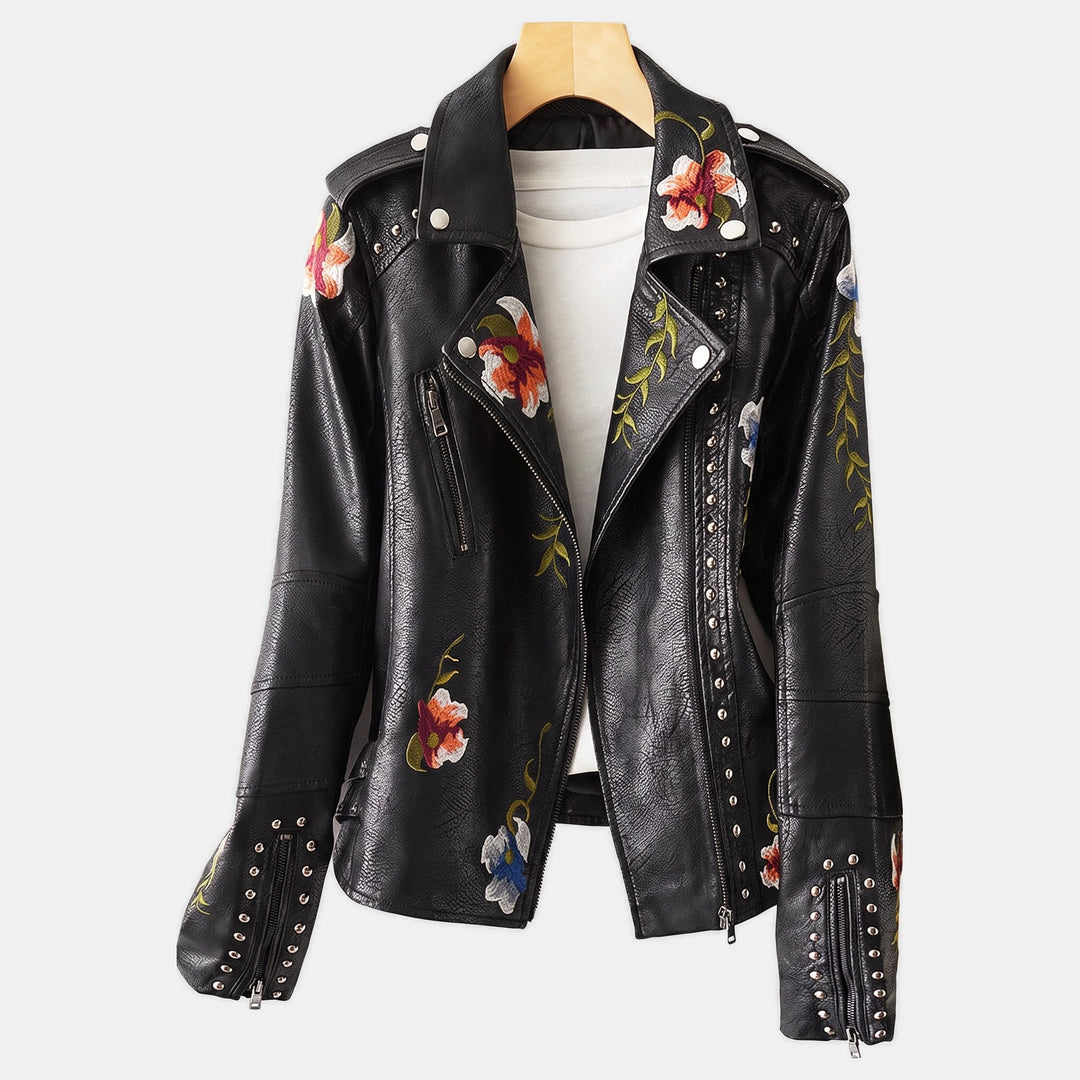 Women's Faux Leather Cropped Jacket, Floral Embroidered