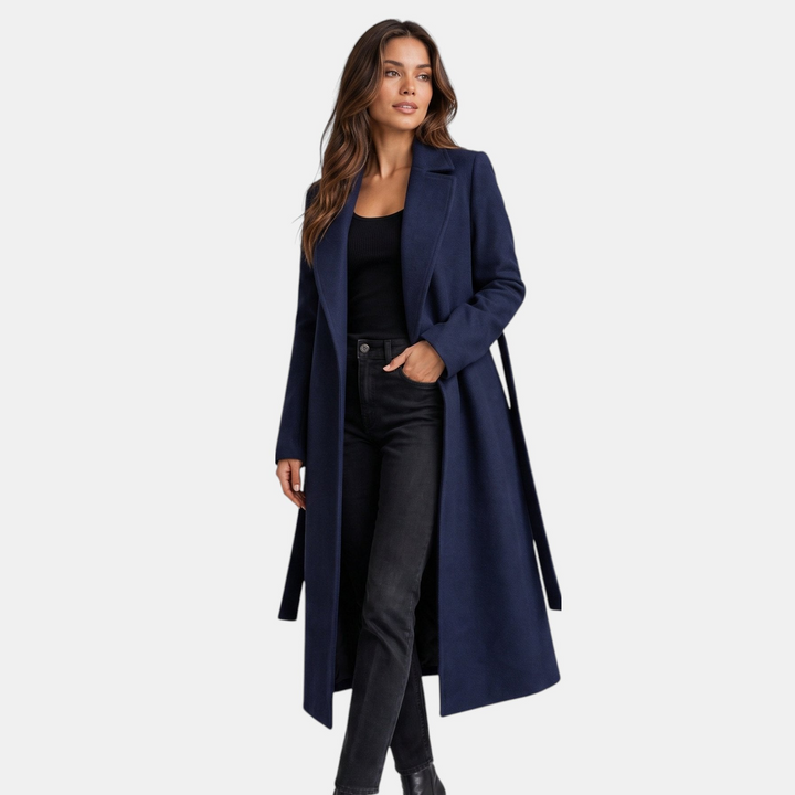 Women's Long Wool Coat, Open Front Knee Length Notched Lapels