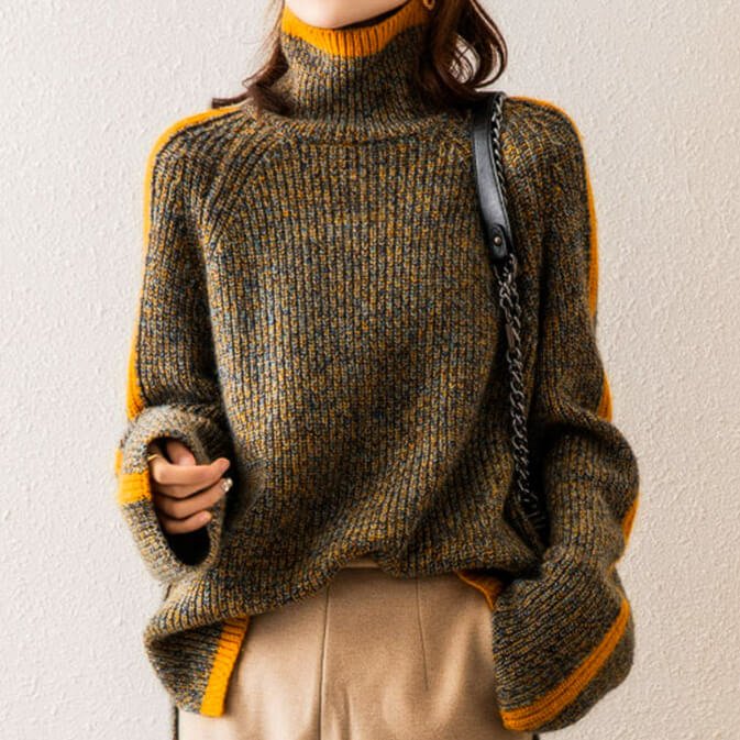 Women's Oversized Turtleneck Jumper, Colourblock Knit