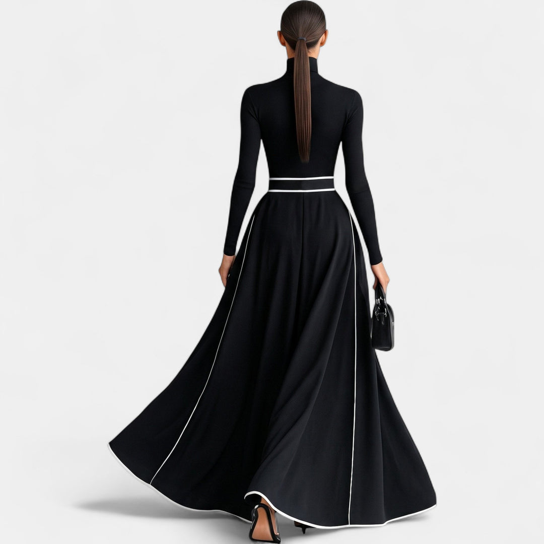 Women's Long Sleeve Maxi Dress, Roll Neck Belted Contrast Piping