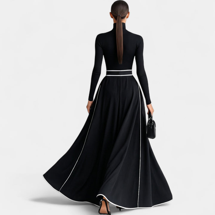 Women's Long Sleeve Maxi Dress, Roll Neck Belted Contrast Piping