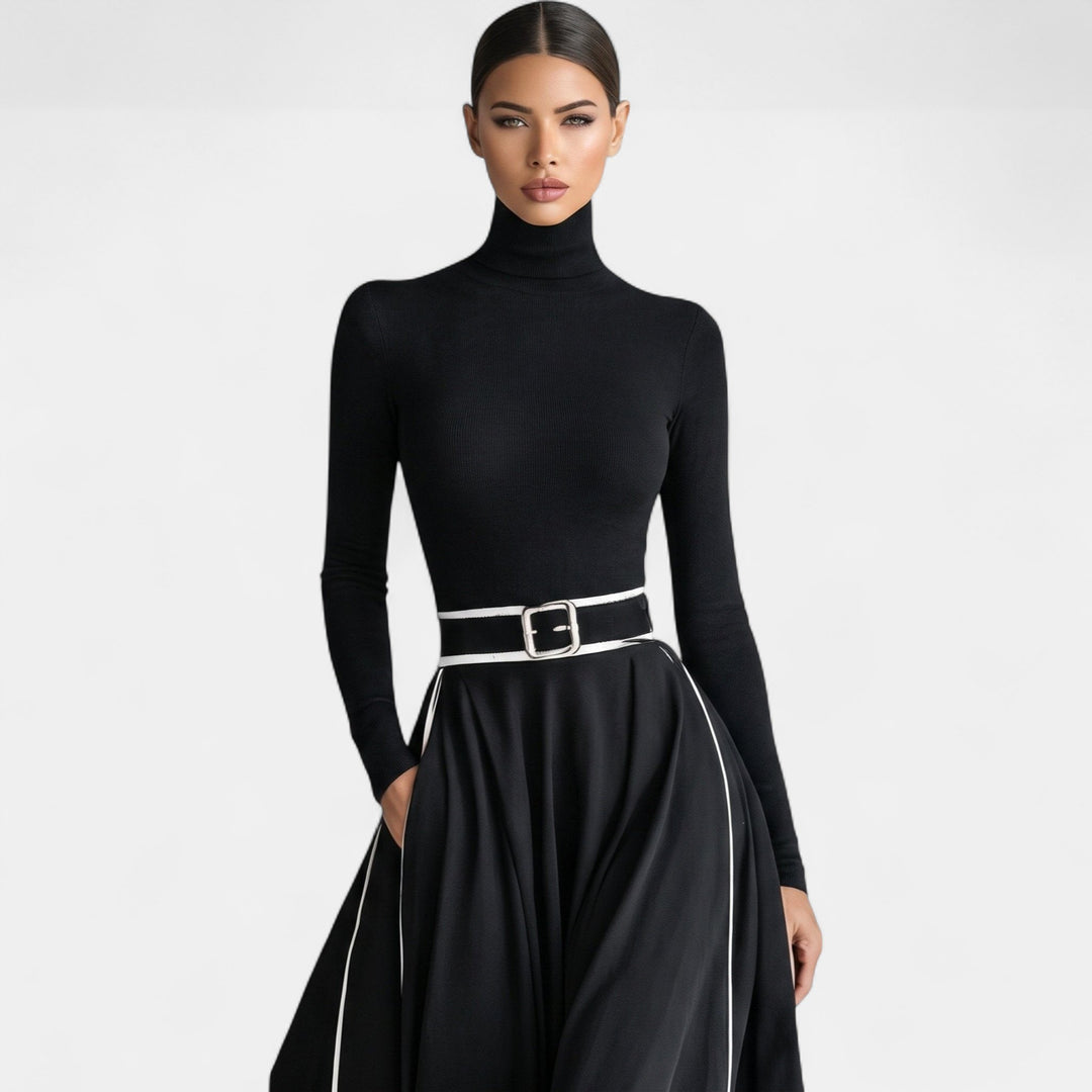 Women's Long Sleeve Maxi Dress, Roll Neck Belted Contrast Piping