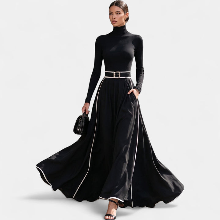 Women's Long Sleeve Maxi Dress, Roll Neck Belted Contrast Piping