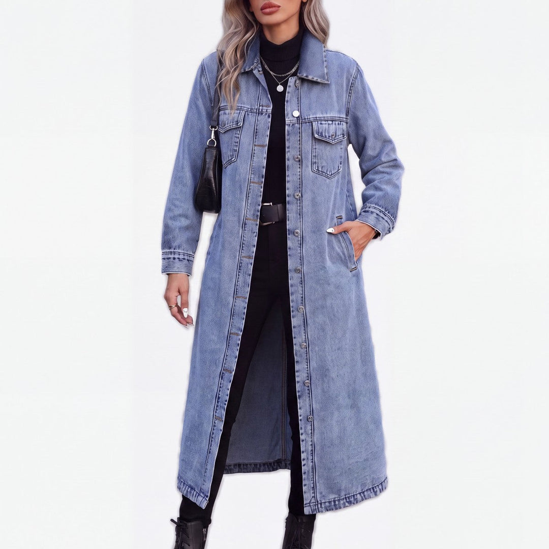 Women's Long Denim Jacket, Button Front Spread Collar