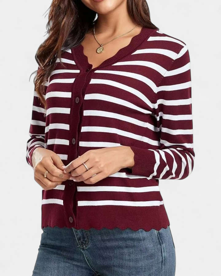 Women's Cropped Knit Cardigan, Button Up V Neck Scalloped Trim