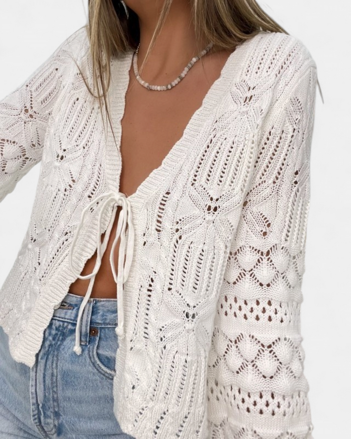 Women's White Open Knit Cardigan, Long Sleeve Tie Front