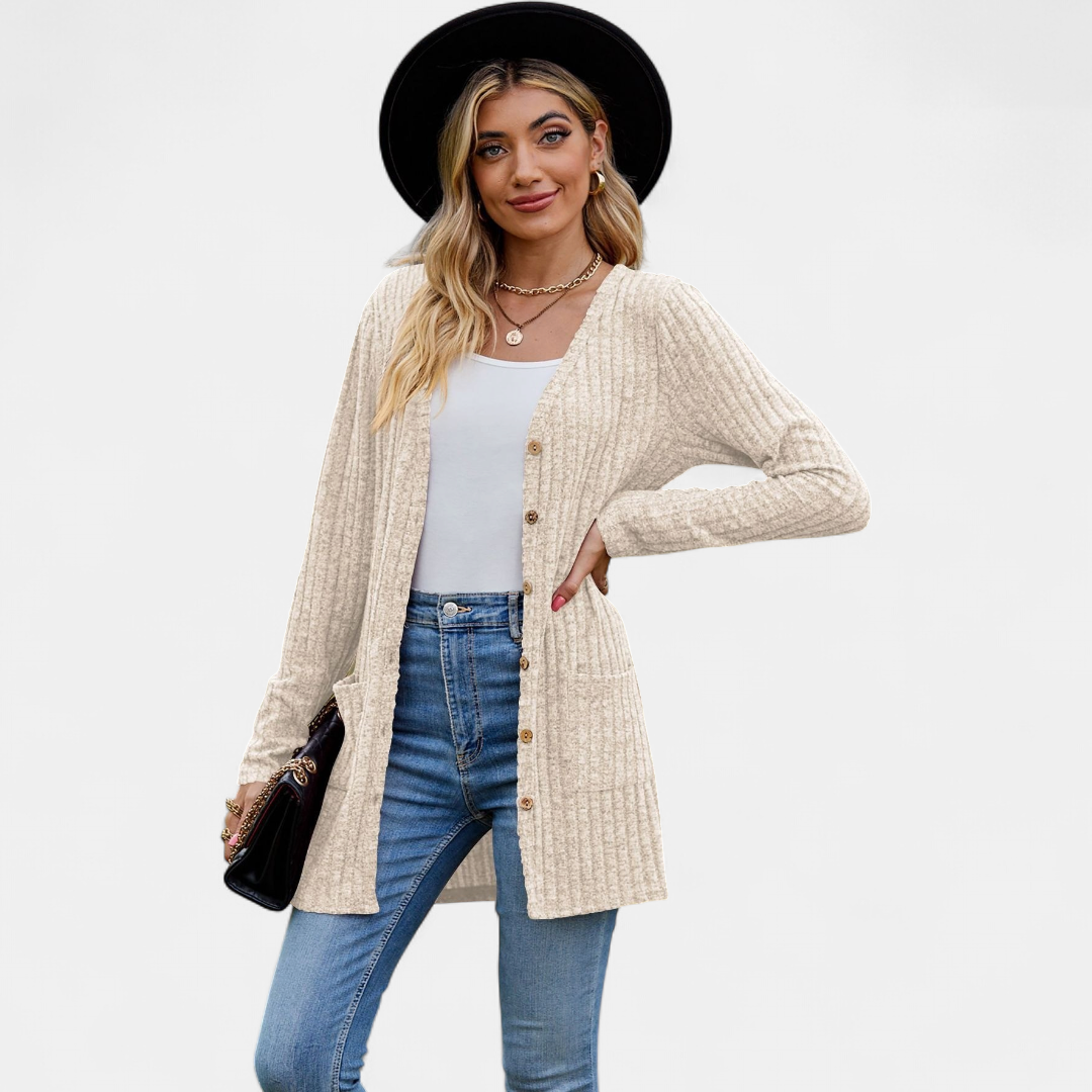 Women's Long Knit Cardigan, Button Up V Neck Pockets