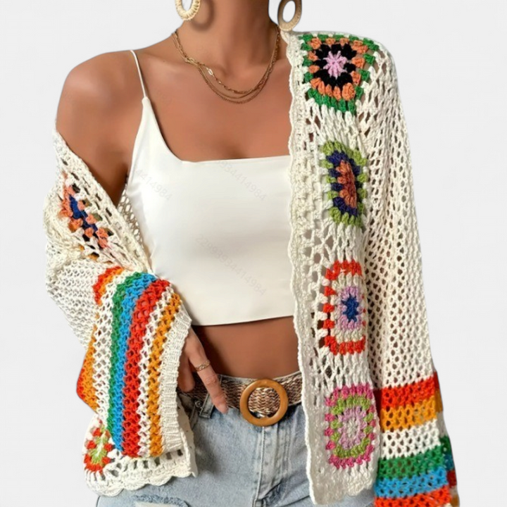 Women's Cropped Crochet Cardigan, Granny Square Open Knit Floral