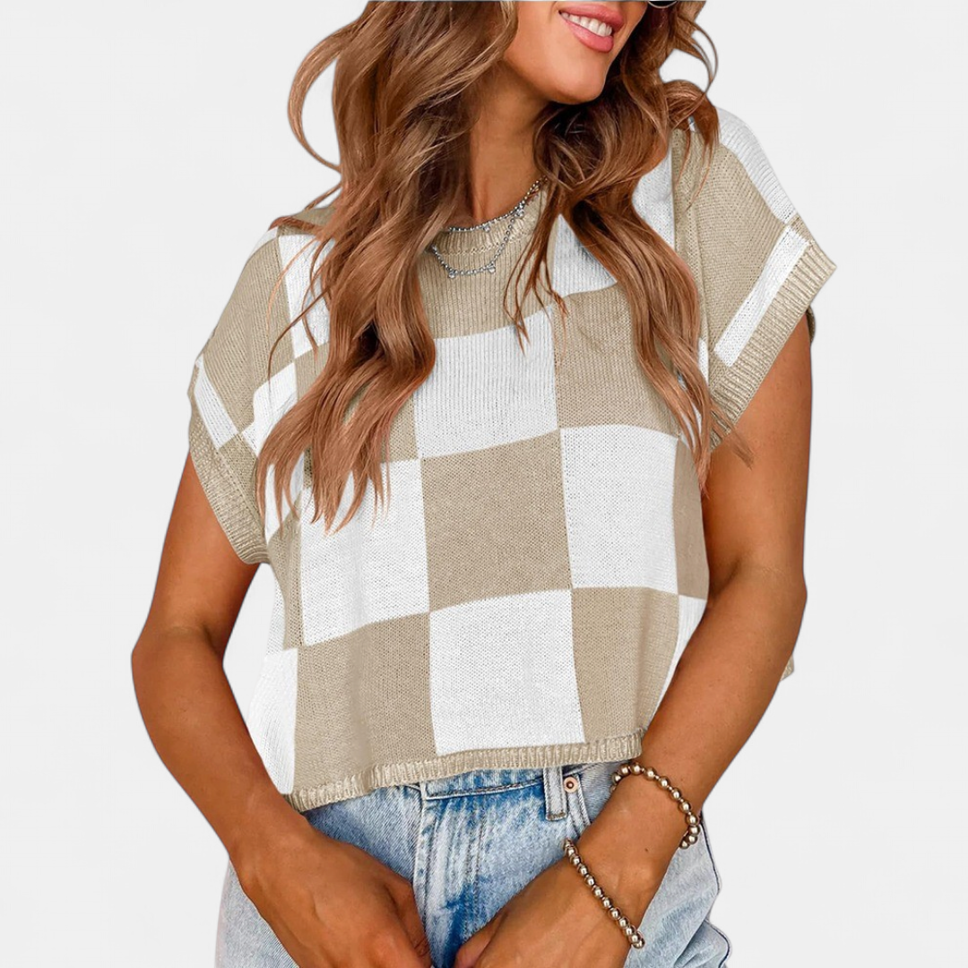 Women's Cropped Knit Cardigan, Checkerboard Cap Sleeve