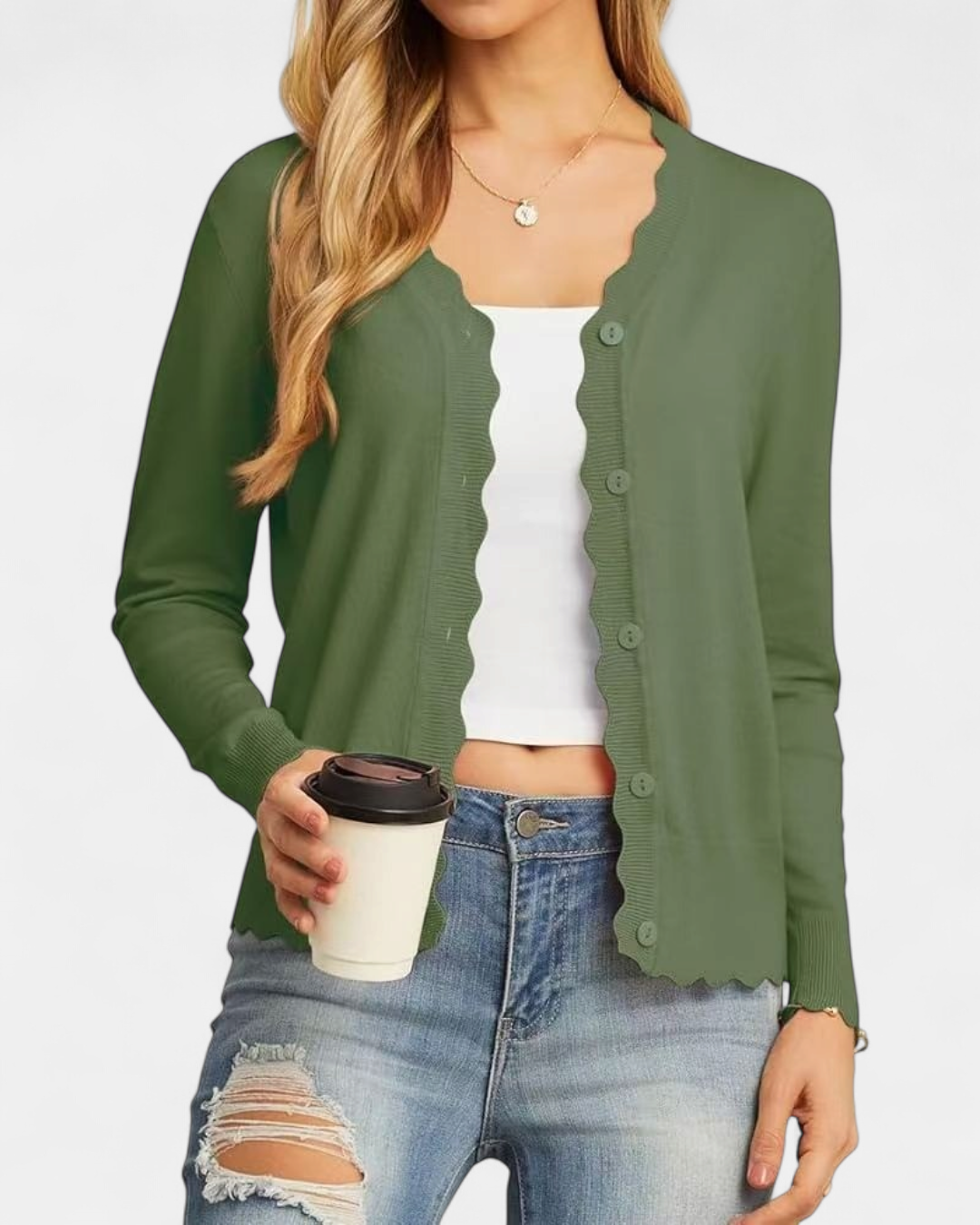 Women's Cropped Knit Cardigan, Button Up V Neck Scalloped Trim