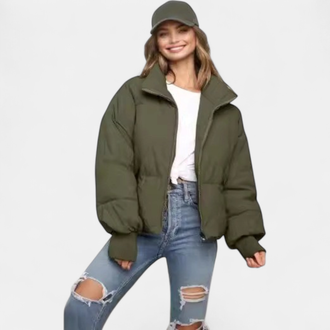 Women's Cropped Oversized Puffer Jacket, Quilted Stand Collar