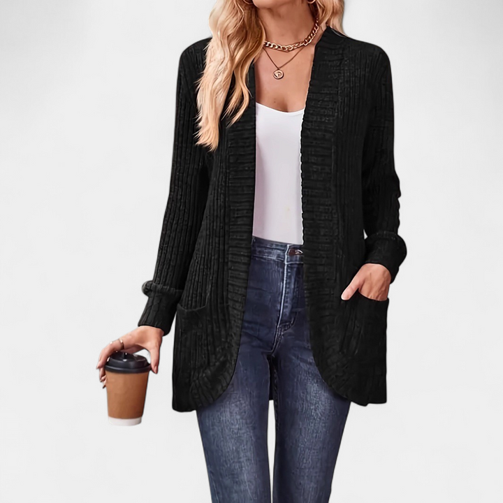 Women's Oversized Long Ribbed Cardigan, Open Front Pockets
