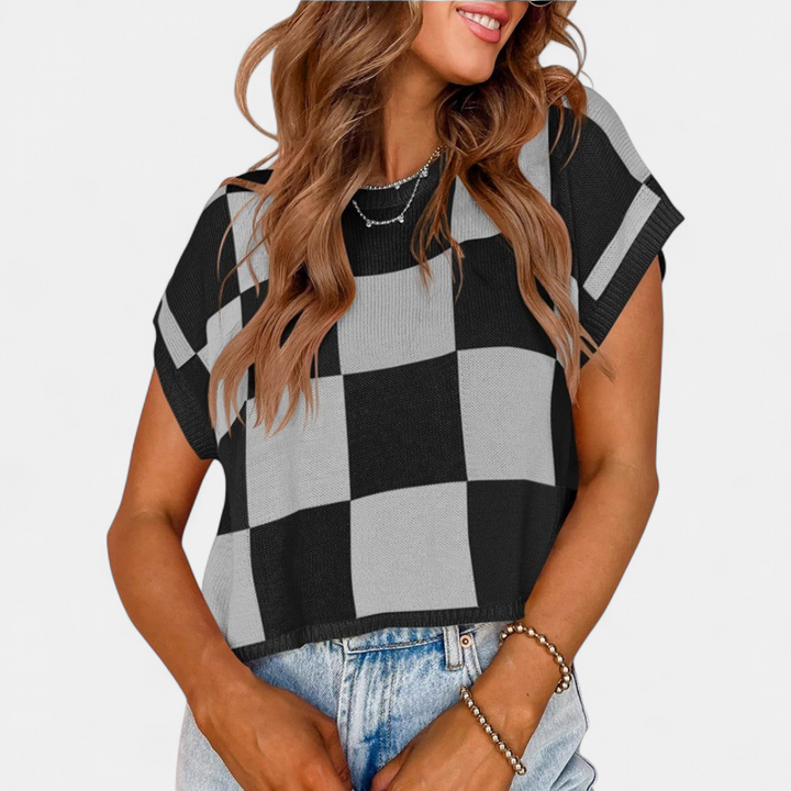 Women's Cropped Knit Cardigan, Checkerboard Cap Sleeve