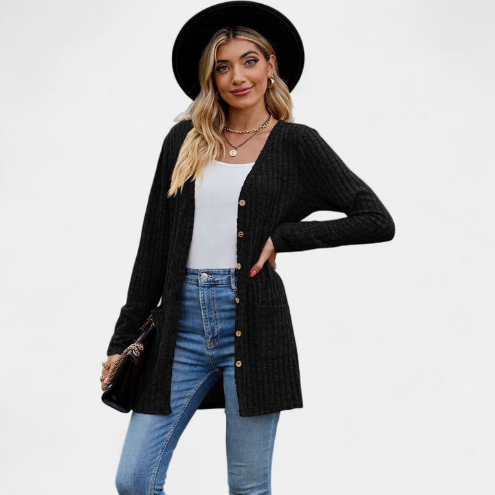 Women's Long Knit Cardigan, Button Up V Neck Pockets