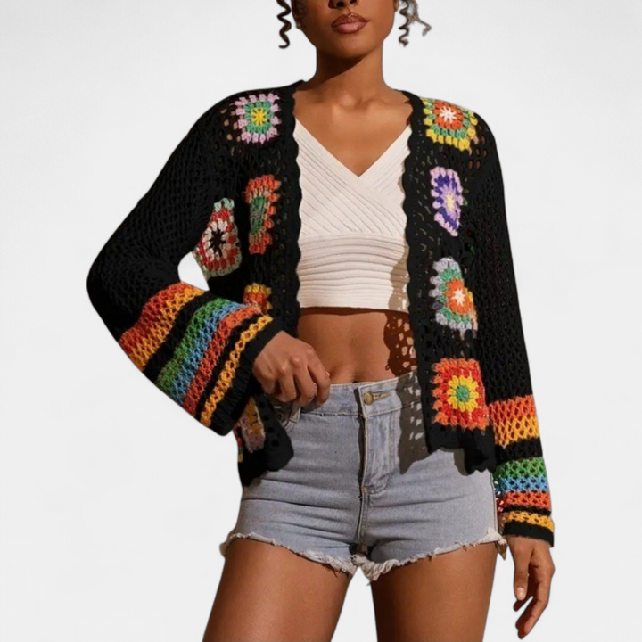 Women's Cropped Crochet Cardigan, Granny Square Open Knit Floral