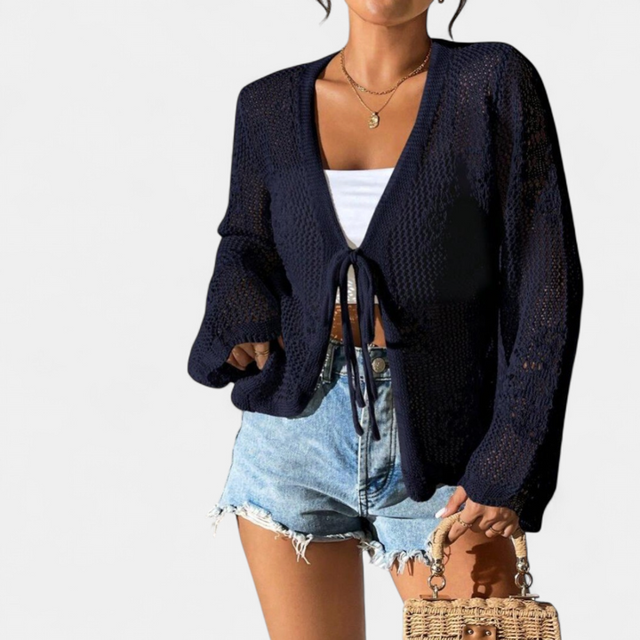 Women's Cropped Crochet Cardigan, Tie Front Lightweight Summer